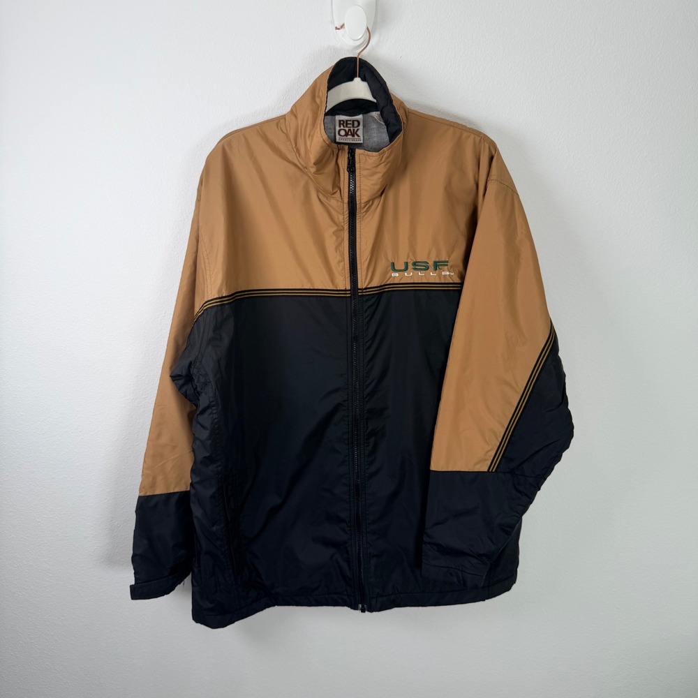 Red Oak USF Bulls Mens Large Nylon Fleece Lined Windbreaker Jacket Tan Black